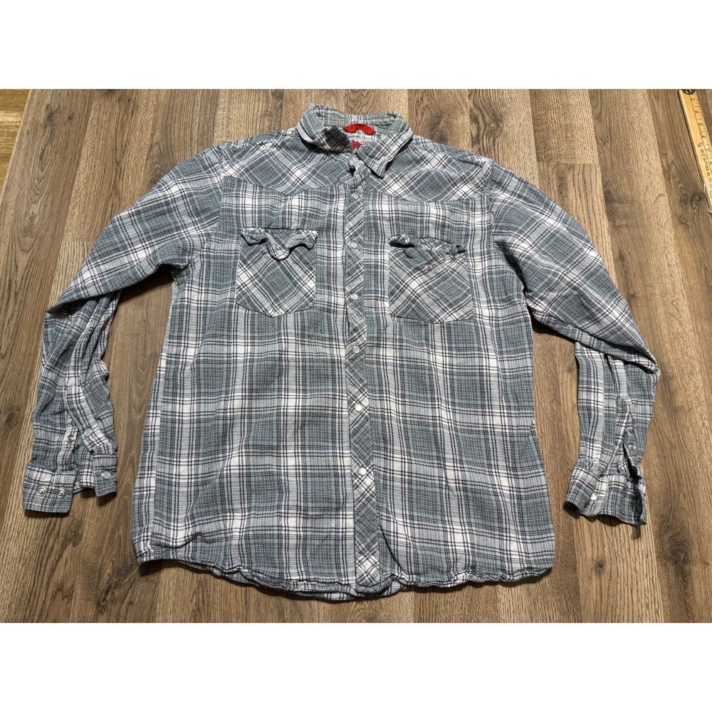 Field N Forest Shirt Men's Large Black White Green Plaid Long Sleeve Button Up